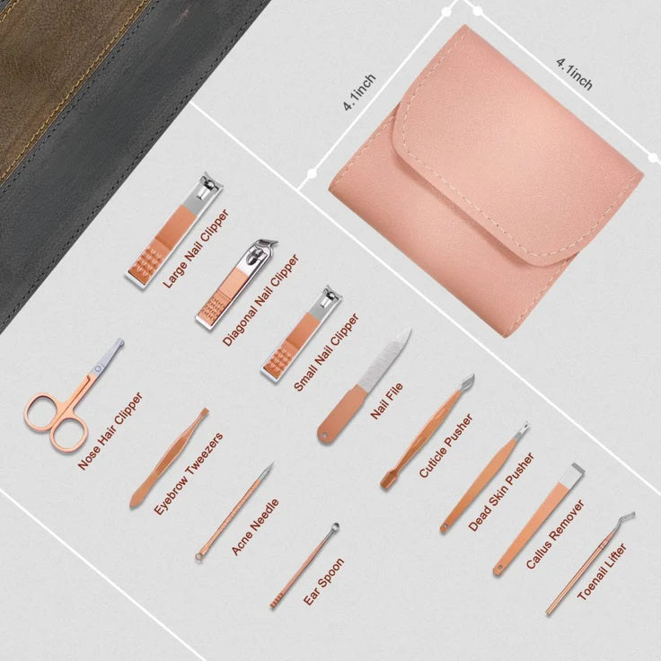 12 PCS Manicure Pedicure Kit with Leather Case – Nail Cutter, Nail Clipper & Grooming Set for Girls